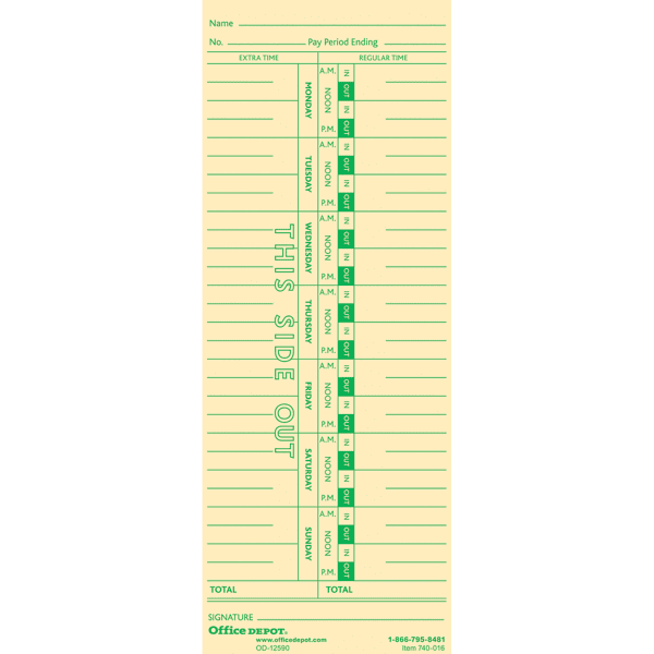 Office Depot Time Cards, Weekly, MondaySunday Format, 1Sided, 3 3/8in. x 8 7/8in., Manila