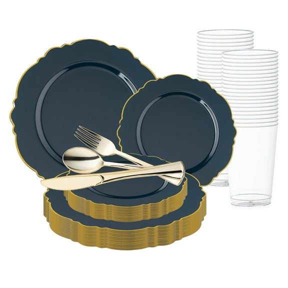 Smarty Navy with Gold Rim Round Blossom Disposable Plastic Wedding Value Set (120 Guests)