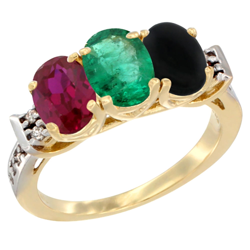 10K Yellow Gold Enhanced Ruby, Natural Emerald & Black Onyx Ring 3-Stone Oval 7x5 mm Diamond Accent, sizes 5 10 by WorldJewels