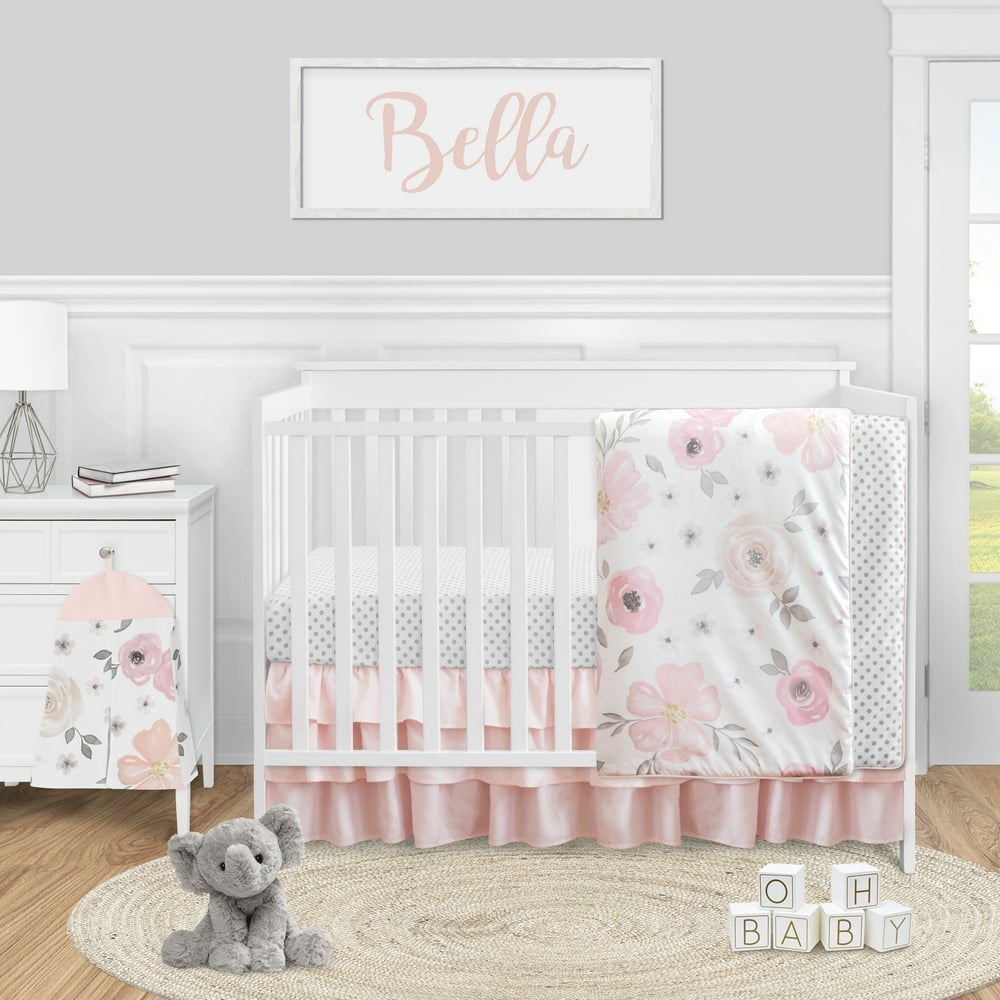 4 pc. Blush Pink, Grey and White Watercolor Floral Baby Girl Crib