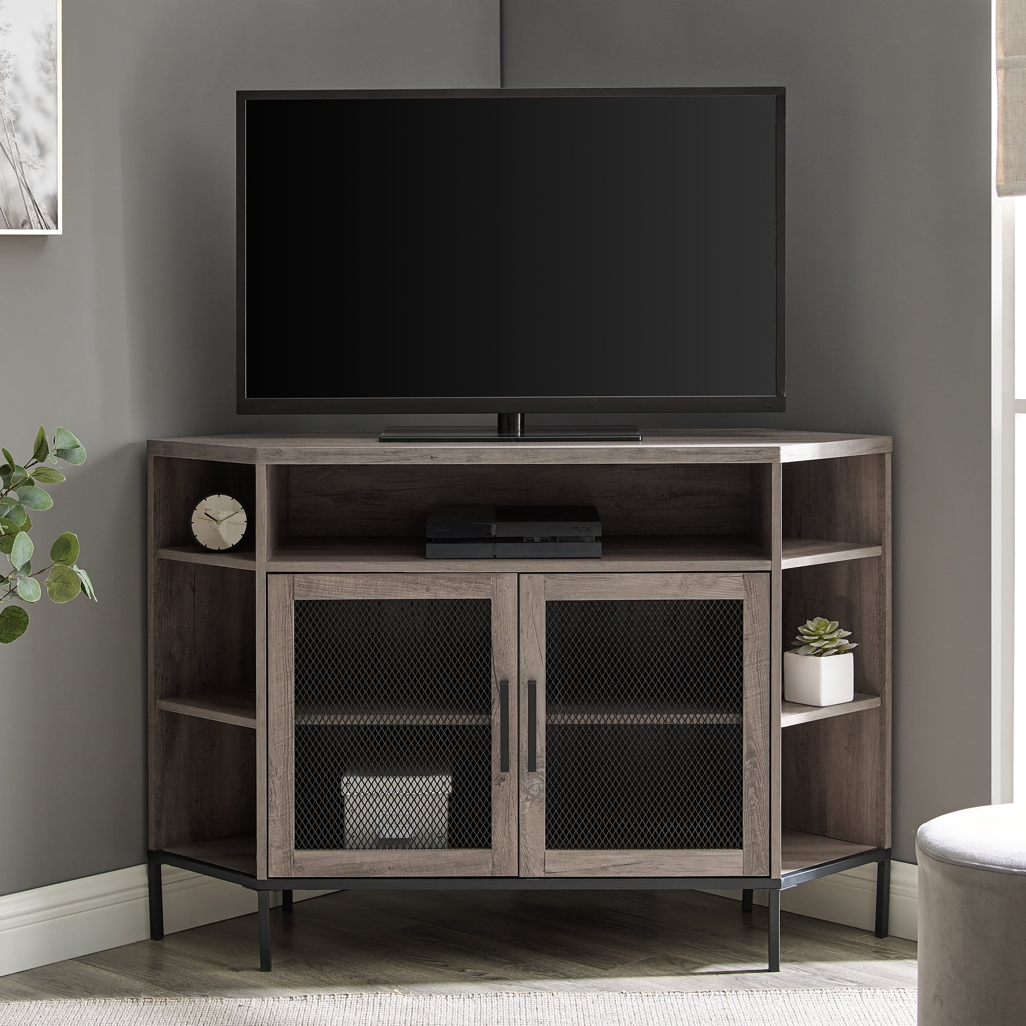 Manor Park Industrial Corner TV Stand For TVs up to 52," Grey Wash
