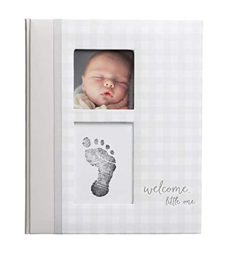 Pearhead Gingham Baby Memory Book and Clean-Touch Ink Pad, Gender Neutral Baby Gift, Baby Milestones Photo Album, Gray