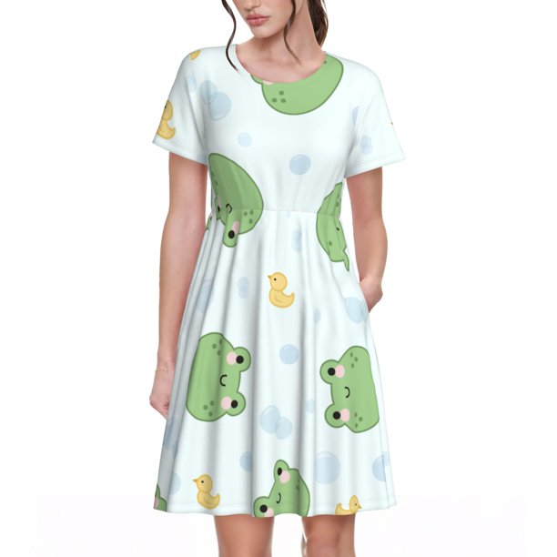 Disketp Kawaii Frogs para Vestido de Manga Corta para Mujeres, Vestidos de Verano para Mujeres, Casual y Holgado para la Playa