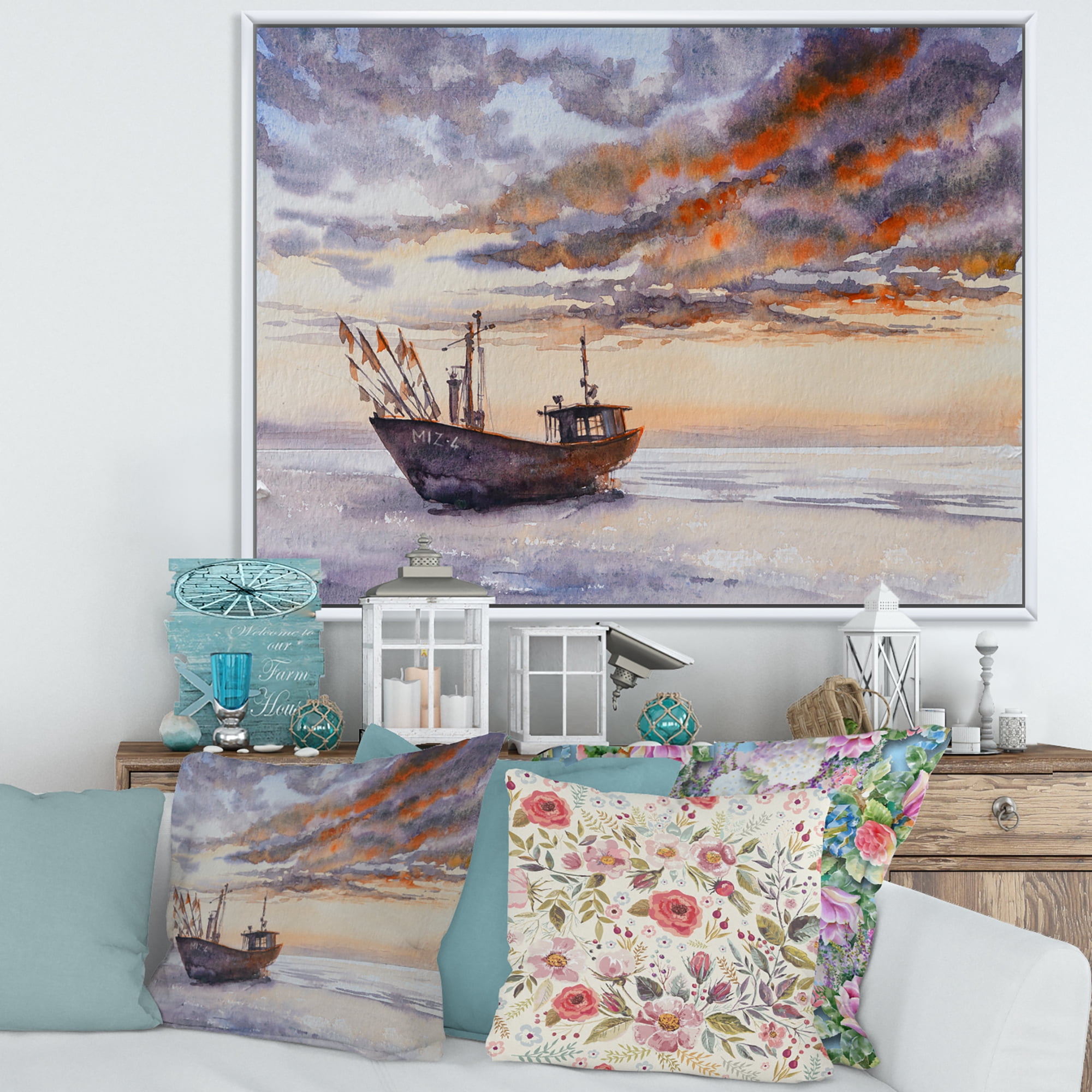 Designart 'Wooden Fishing Boat On The Baltic Shore With Evening Clouds' Nautical & Coastal Framed Canvas Wall Art Print