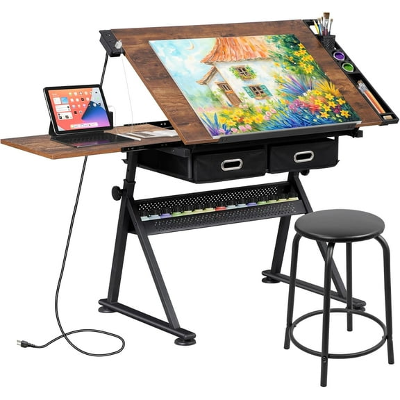 Adjustable Drafting Table with Stool, Tilting Drawing Desk Artist Table with Storage Drawers, Art Craft Workstation for Home Office Reading, Writing, Crafting
