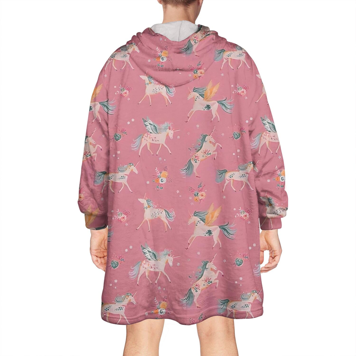 Wearable Oversized Blanket,Pink Unicorn Floral Pattern Wearable Blanket Hoodie for Adults,Cozy Hooded Blankets with Super Pockets,Super Warm Fuzzy Pullover for Women & Men