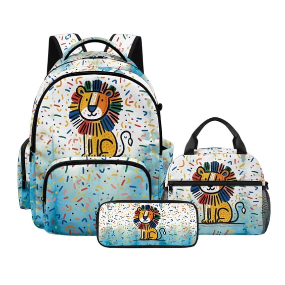 Tutolipy Cartoon Lion Printed Kids Backpack Set Cartoon Backpack and Lunch Bag Set with Pencil Case Lightweight School Back Pack Insulated Bag for Kindergarten Elementary School, Blue