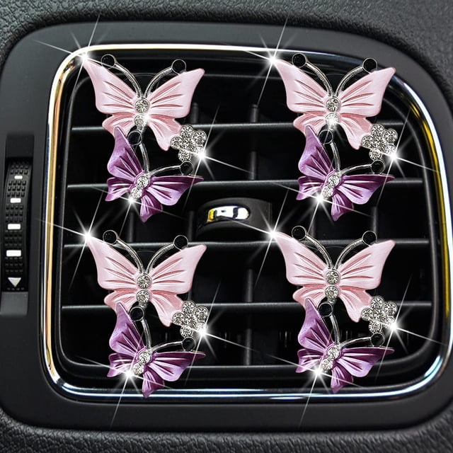 Car Air Fresheners Vent Clips for Women,4 Pcs Cute Dual Butterfly Diamond Rhinestone Air Freshener Vent Clip Sparkly Bling Car Accessories for Women (Pink)