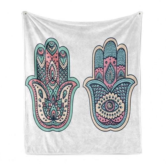 Hamsa Soft Flannel Fleece Throw Blanket, Hamsa Hand Motif Bohemian Female for Misfortune Print Evil Eye and Lotus, Cozy Plush for Indoor and Outdoor Use, 50" x 70", Pink Blue, by Ambesonne