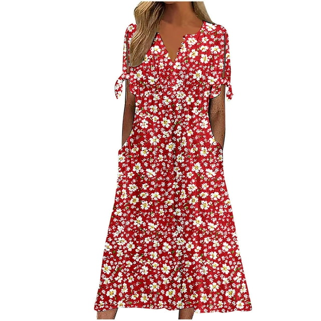 Robe Décontractée pour Femmes pour l'Été Imprimé Vintage Manches Courtes Robe T-Shirt Ample Plage Midi Robe d'Été avec Poches