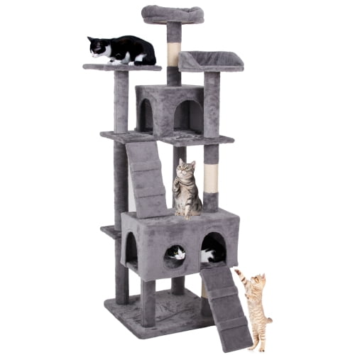 Schnappi 63-inch Antique Gray Indoor Cat Tree - Cat Tower Condo with Scratching Post and Deck, Multi-Level Pet Playhouse and Sitting Area