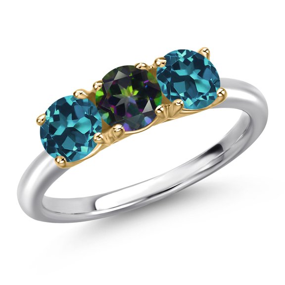 Gem Stone King 925 Silver and 10K Yellow Gold Green Mystic Topaz and London Blue Topaz Engagement Ring for Women | 1.95 Cttw | Round 5MM | Gemstone November Birthstone | Size 5
