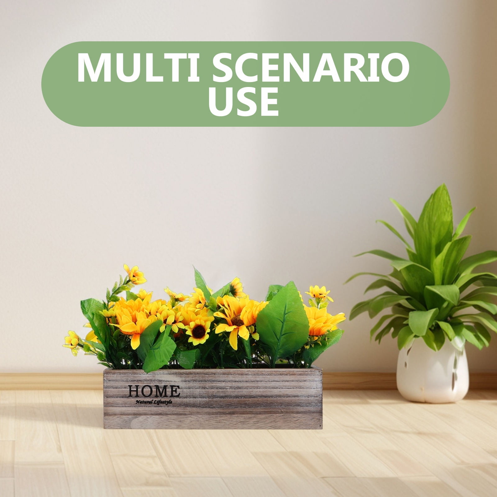 Rustic Sunflowers Potted Plant Artificial Flowers Bouquets In Rectangular Wooden Planter Summer Floral Centerpiece For Farmhouse Kitchen Country Table Decor