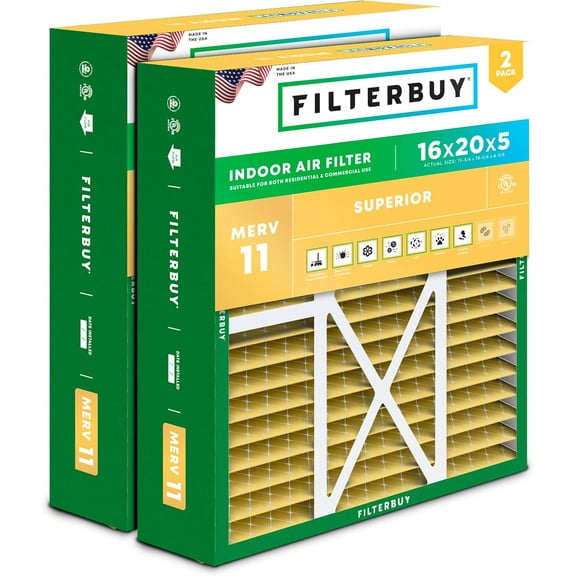 Filterbuy 16x20x5 MERV 11 Allergen Defense, Pleated HVAC AC Furnace Air Filters for Honeywell FC100A1003, Lennox X0592, and More (2-Pack)