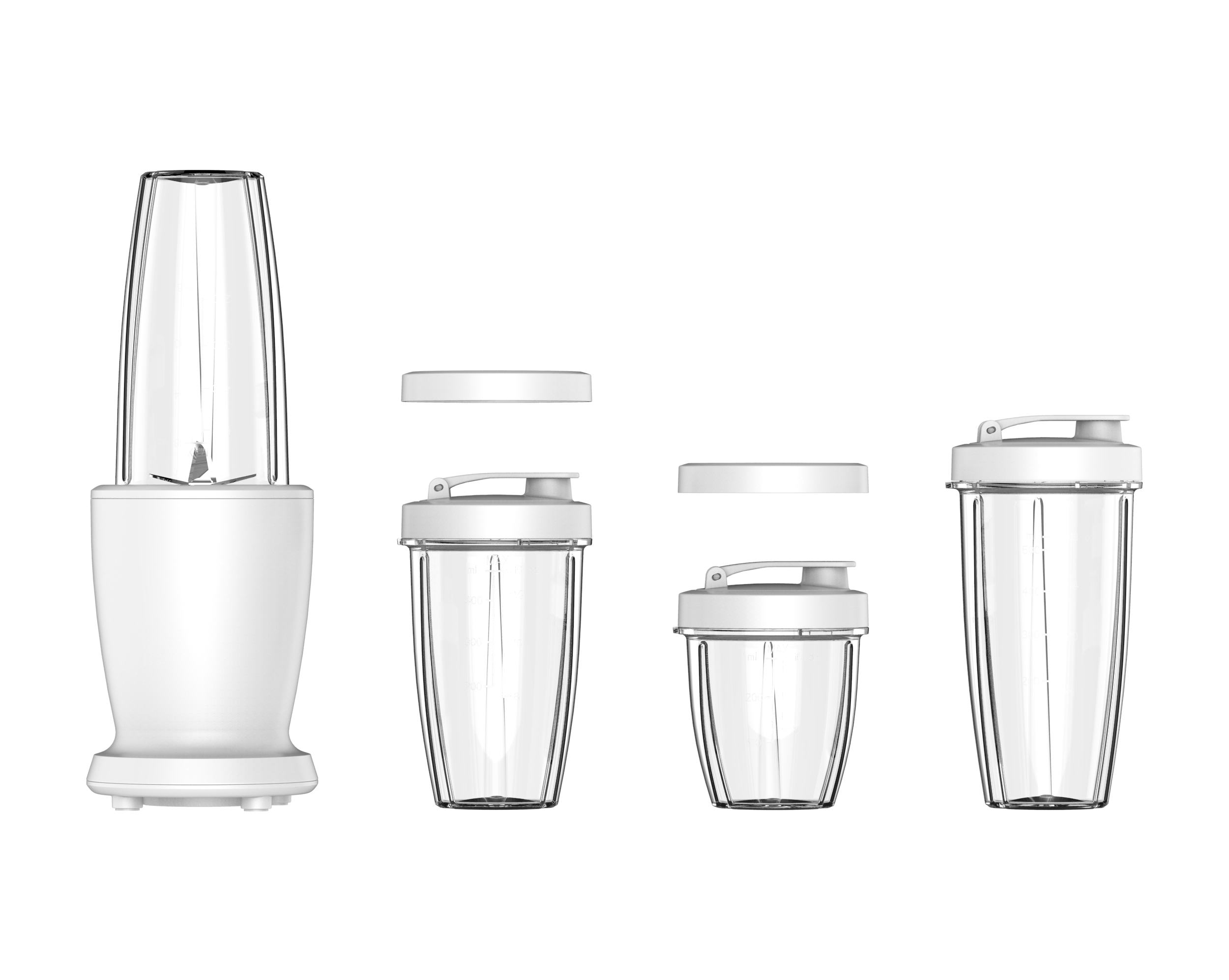 Mainstays 10-Piece Blender Set, Arctic White, 300W, with 3 Jars (10oz, 16oz, 18oz), 2 Drinking Lids, Stainless Steel Blade