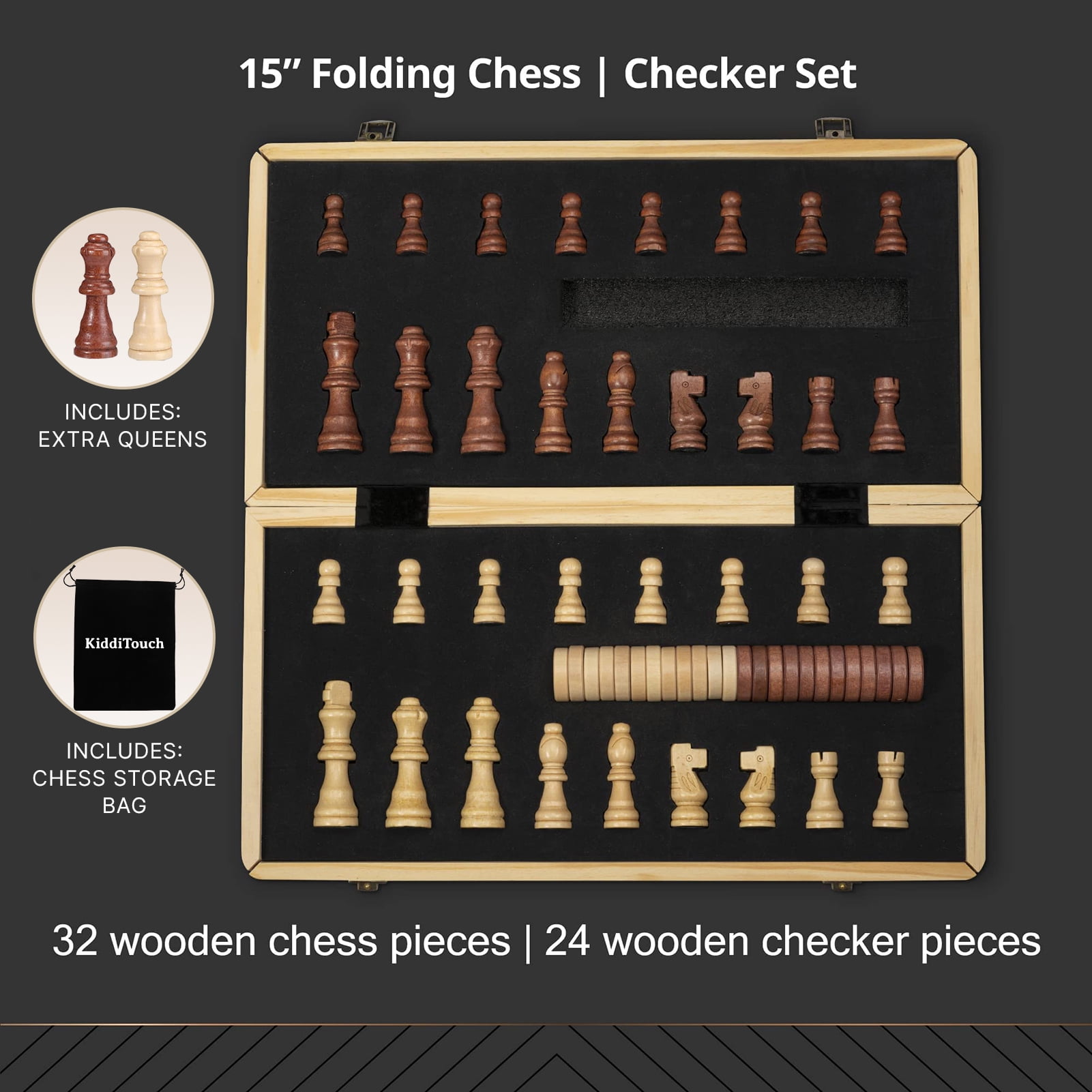 KiddiTouch 15 inch Magnetic Wooden Chess Set 2 in 1 Folding Chess Board Games for Adults and Kids