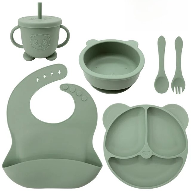 Juego de cuencos de alimentación de bebé de silicona de grado alimenticio con diseño de oreja, plato y cuenco de comida suplementaria para niños de dibujos animados bonitos