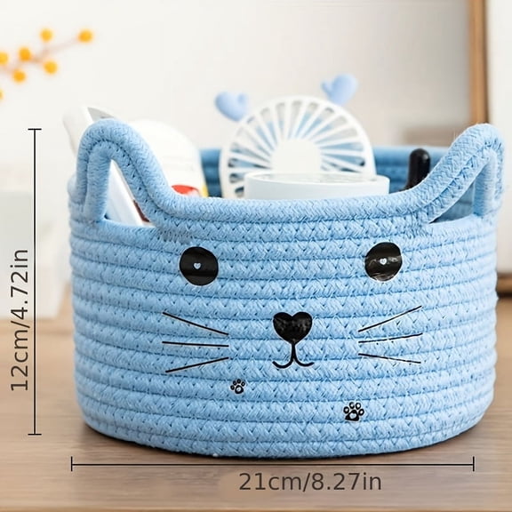 Blue Cat-Face Storage Basket,Charming Cat-Face Storage Basket – Woven Cotton, Space-Saving Organizer for Dorms, Bedrooms & Offices – Multi-Functional Desktop Sorter for Daily Use