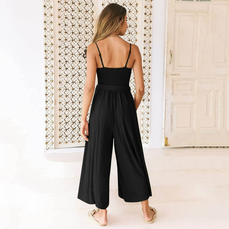 Jumpsuit Women Summer Spaghetti Straps V Neck Smocked Wide Leg
