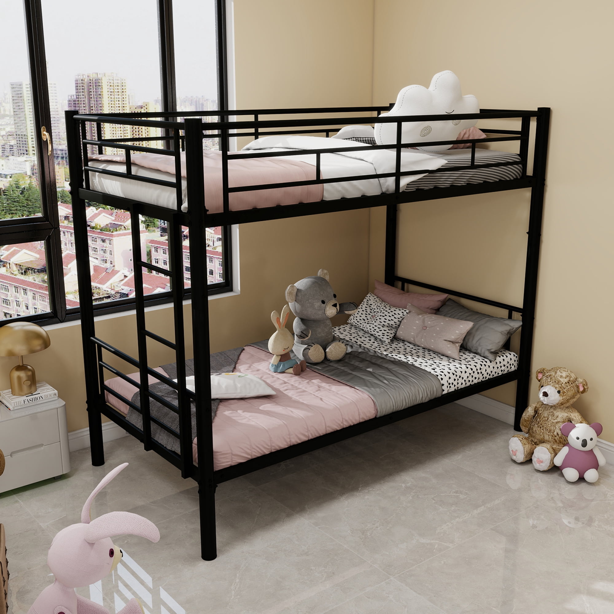 Leumius Twin Over Twin Bunk Bed for Kids Boys Girls, Metal Bunk Bed with Ladders & Guardrail,Convertible 2 Beds,Black