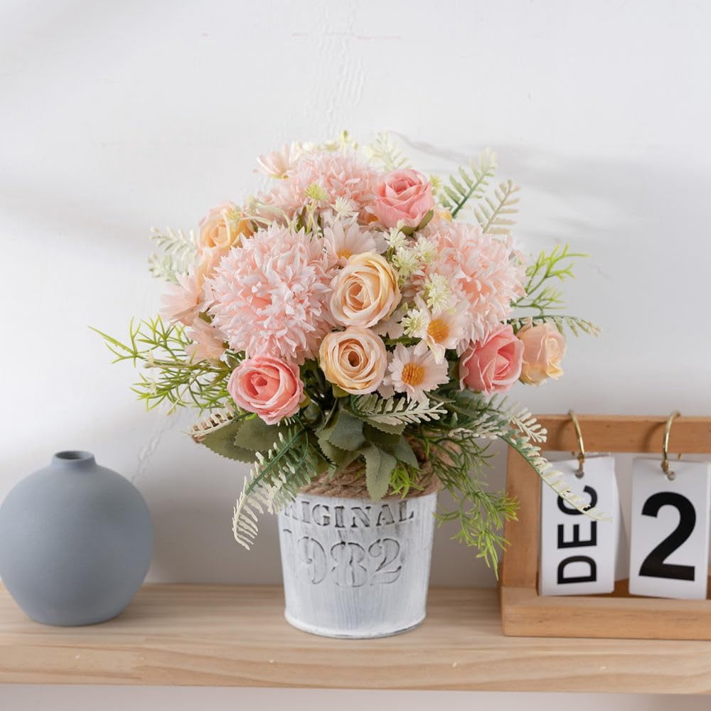 KIRIFLY Artificial Flowers, Fake Rose Silk Bouquet Decor Plastic Daisy Flower Arrangements Wedding Decoration Table Centerpieces 3 Packs (Pink Champagne)