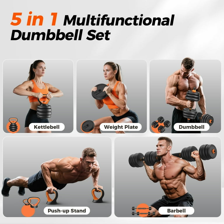 JOROTO Verstelbare Dumbbell Set, Gewichten Dumbbell Set met Pluggen, 4 in1 Workout Gewicht voor Home Gym Barbell, Kettlebells, Push up Stand Fitnessapparatuur