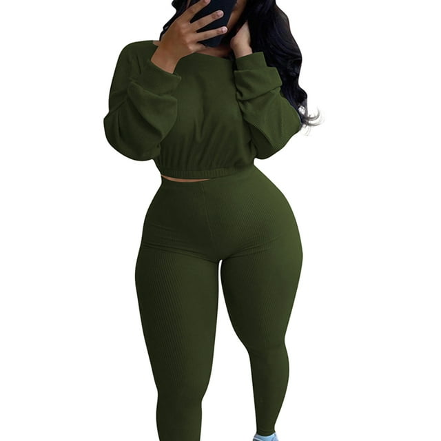 LUXUR Ensembles de Survêtement Élastiques pour Femmes, Court, Course, Deux Pièces, Vert Armée, TG