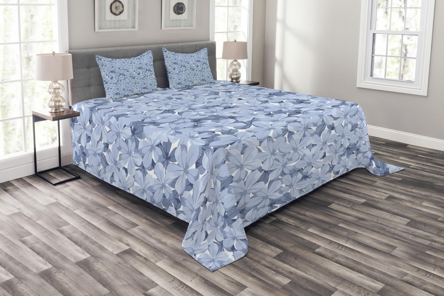 Blue Bedspread Set Queen Size, Retro Style Little Blossoms Plumbago