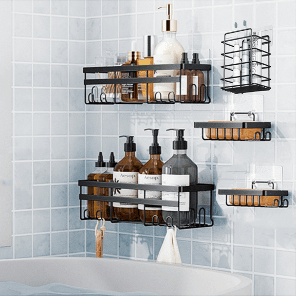 AHOXE Adhesive Shower Caddy, 5 Pack Rustproof Stainless Steel Bath Organizers With Large Capacity, No Drilling Shelves for Bathroom Storage