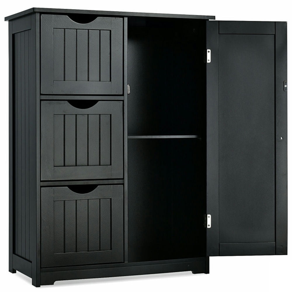 Finihen Storage Cabinet, Floor Cabinet, Bathroom Floor Cabinet Side Storage Cabinet with 3 Drawers and 1 Cupboard, for Bathroom, Living Room, Bedroom, Kitchen, Black