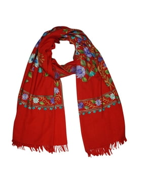 Mogul Kashmiri Shawl Woolen Crewel Floral Embroidered Ethnic Indian Scarves Stole Wrap For Womens