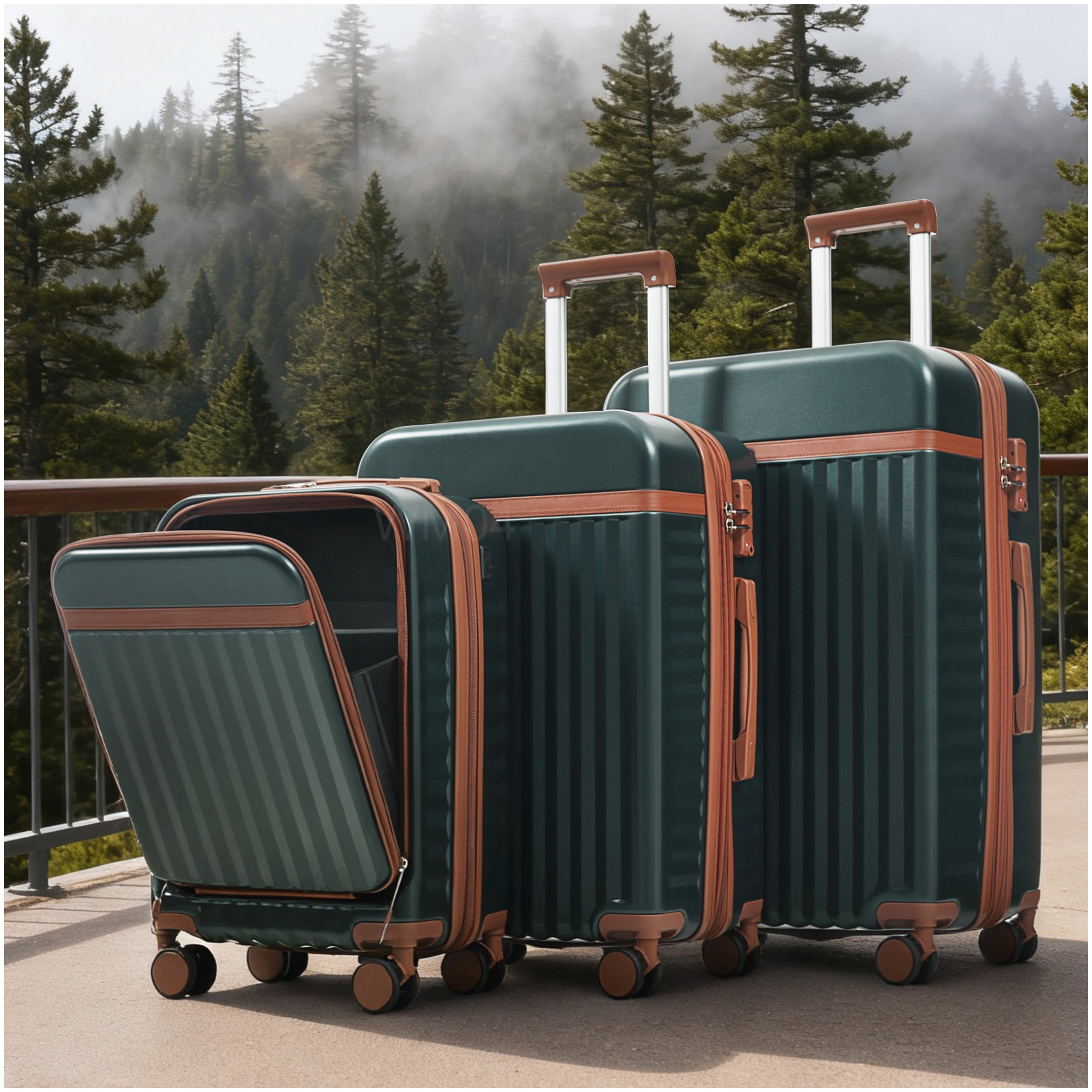 MANGIJOY Airline Approved Carry-On Luggage with USB Port - 3 Piece Hardshell Spinner Set in Dark Green, Front Opening, ABS Material, TSA Lock