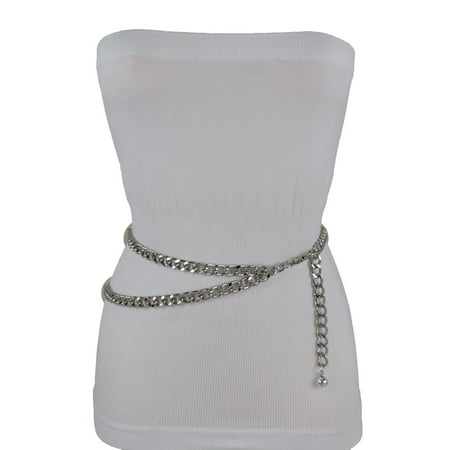 Belted Chunky Belt - New Silver Women Belt Thick Metal Chunky Chain Link Side Wave Detail XS-Medium