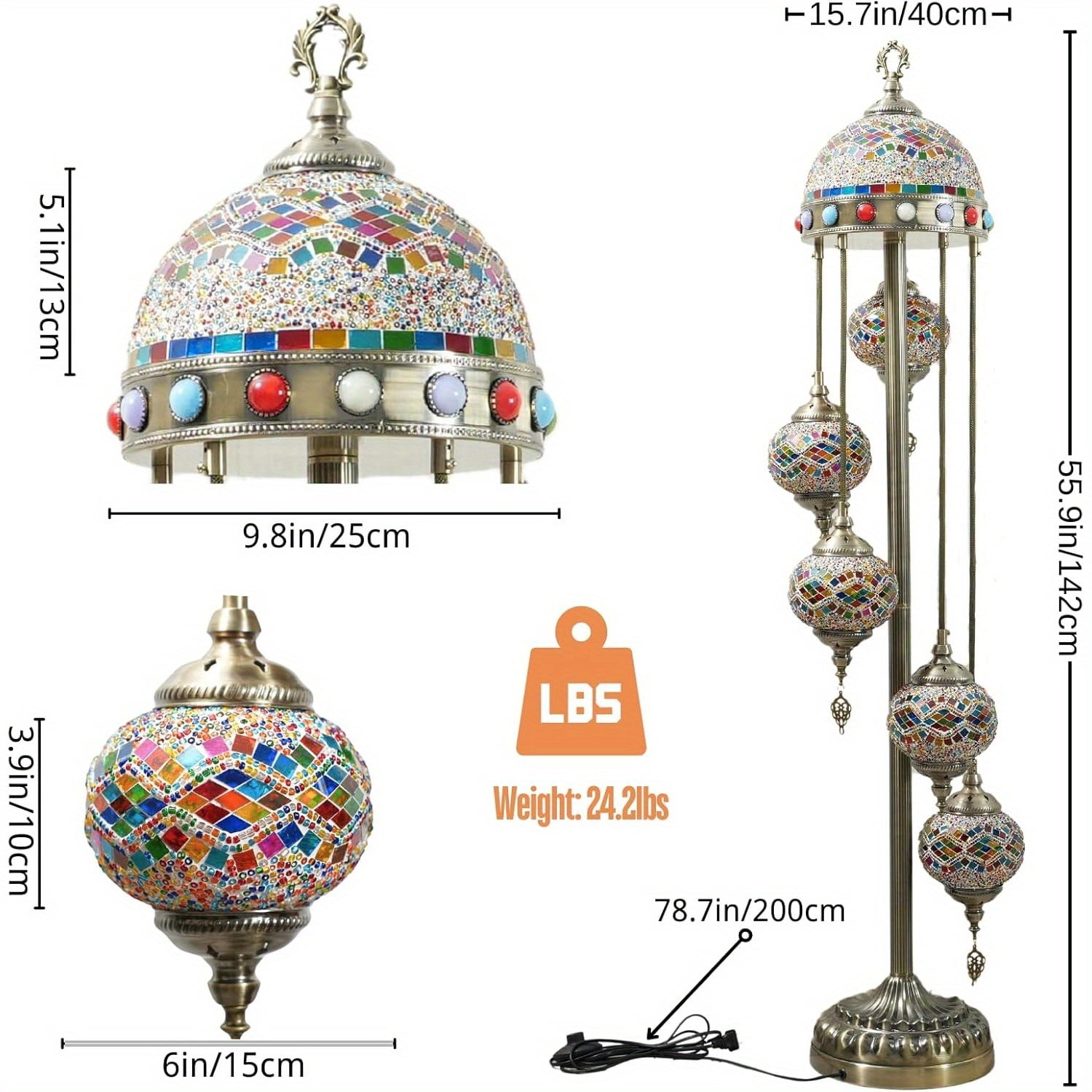 Luxury Turkish Mosaic Floor Lamp - 56 inches tall, with 5 colorful balls and upgraded top cover, metal base, LED lighting, first choice for home decoration
