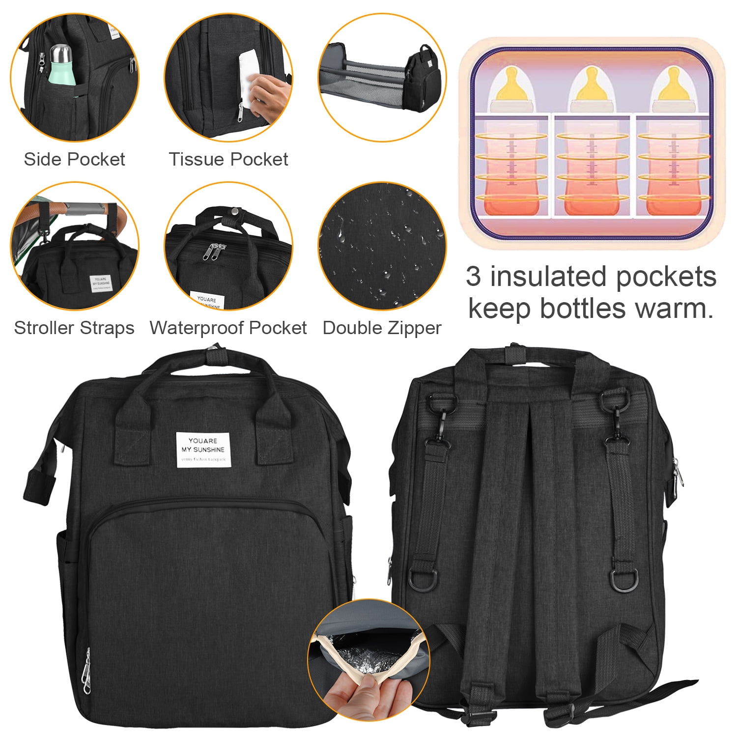 Diaper Bag Backpack,Multifunction Diaper Bag Backpack with Changing Station,Foldable Crib&Insulated Milk Bottle Pocket Large Capacity Baby Nappy Changing Bag Travel Backpack w/ Stroller Straps,Black