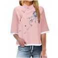 thumbnail image 2 of DDAPJ pyju Plus Size Linen Tops for Women Summer 3/4 Sleeve Chinese Frog Button Blouses Traditional Mandarin Collar Floral Embroidered Shirts Pink XXL, 2 of 6