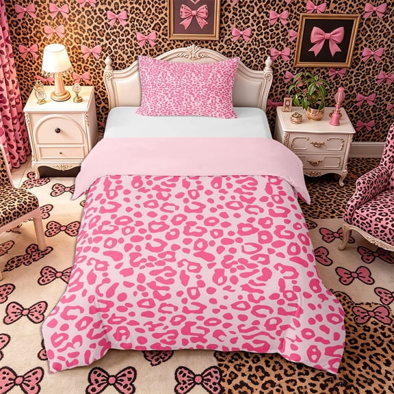 Meiyoeat Pastel Leopard Print Twin Duvet Cover, Pink Cheetah Print Twin Bedding, Light Pink,2pcs,No Comforter,Pink Reversible