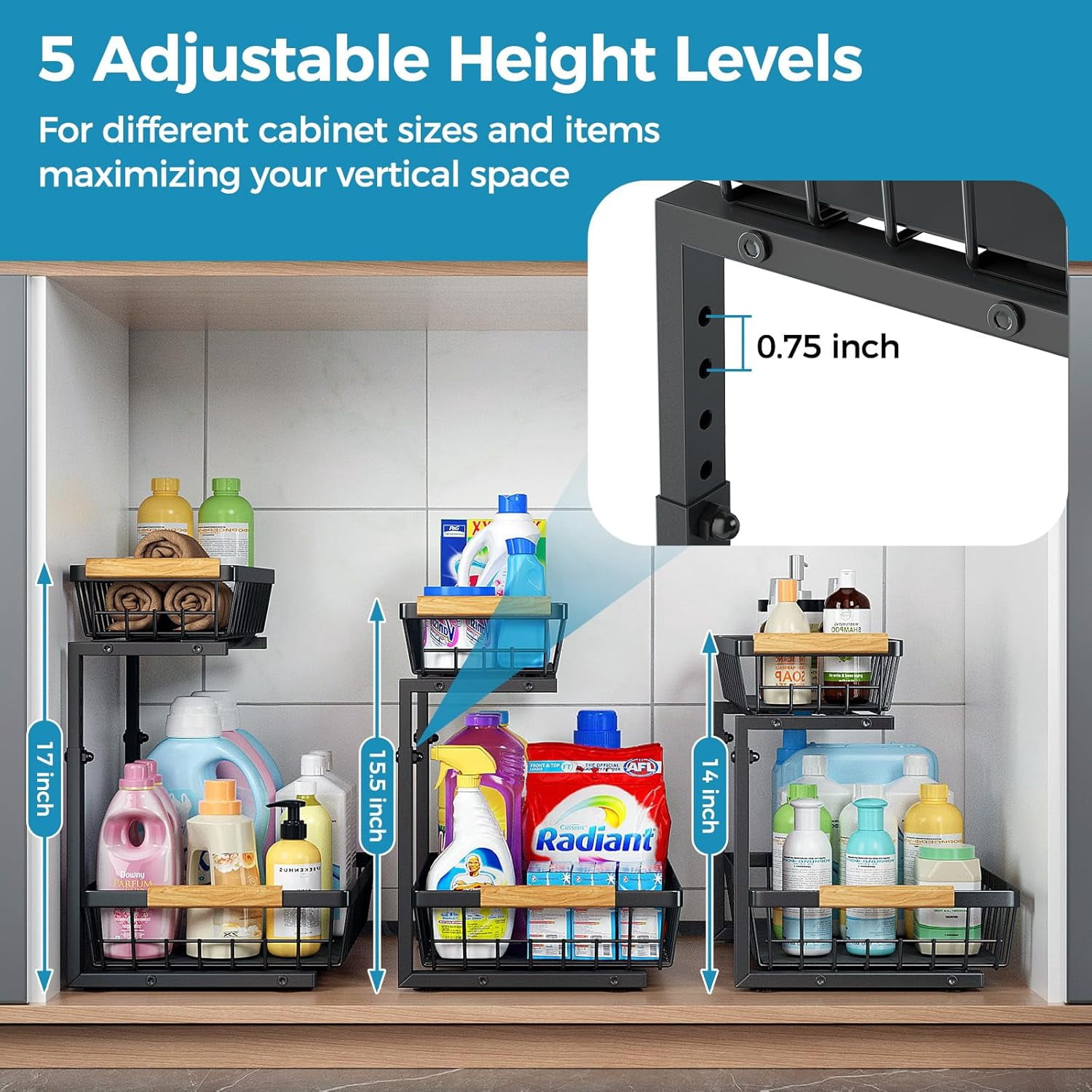 Under Sink Organizer 2 Pack, 2 Tier Pull Out Under Sink Organizers and Storage, Under Cabinet Organizer Shelf Drawers, Large Metal Adjustable Slide Out Under the Sink Organizer for Kitchen Bathroom.
