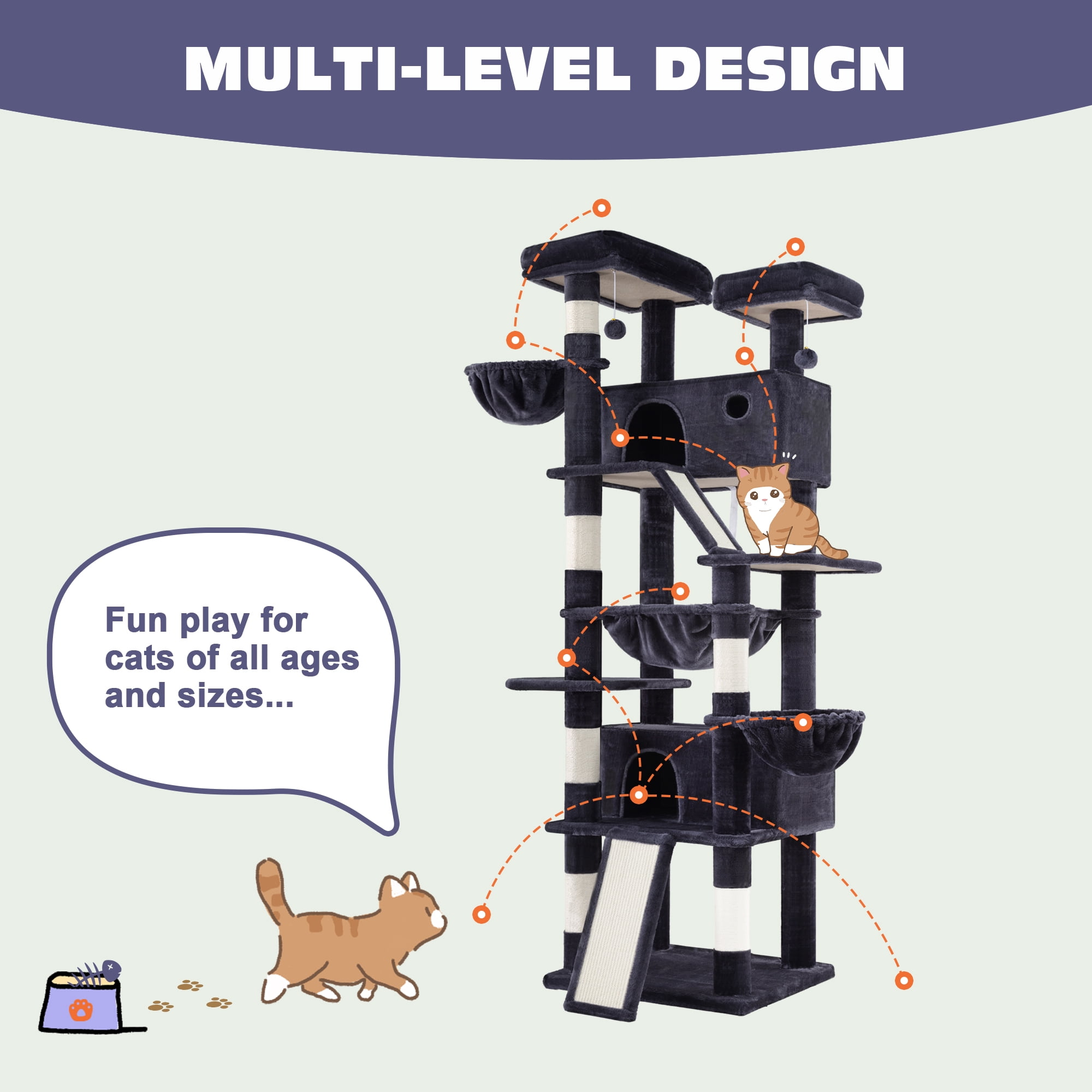 Sifurni 81" Multi-Level Tall Cat Tree Tower for Large Cat with Cat Condo and Hammock, Scratching Post & Scratching Ramp, Blue