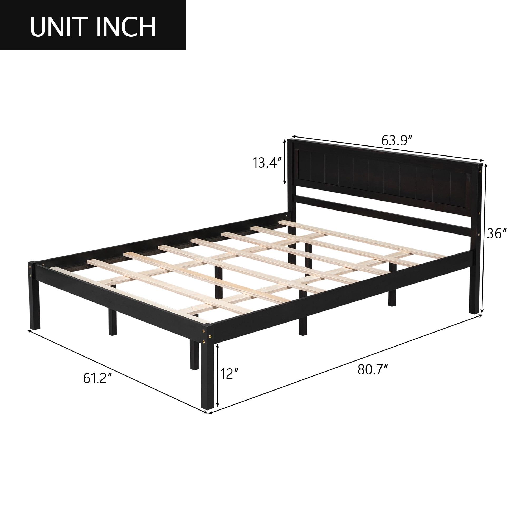 Leumius Queen Size Platform Bed Frame with Headboard, Wood Slat Support, No Box Spring Needed for Bedroom Guest Room Espresso