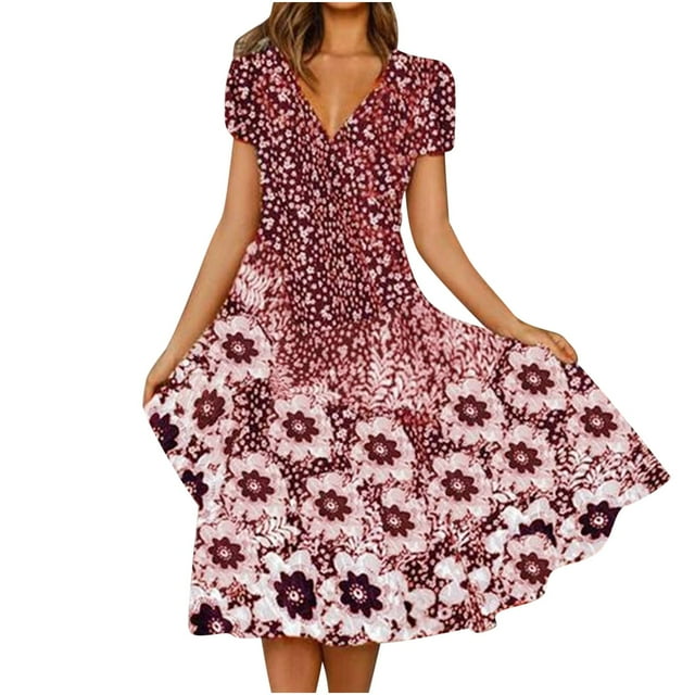 QIPOPIQ Women's Elegant Maxi Dress Short Sleeve Flower Print V Neck Summer Dress Lace Splicing Dresses Trendy Full Skirt Dress 2023 Deals