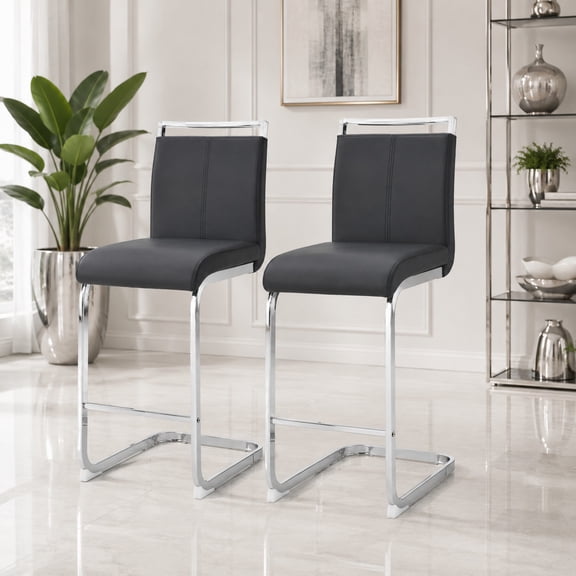 TesNus Bar Stools Set of 2 Black Faux Leather Modern C-Shaped Chrome Legs for Kitchen