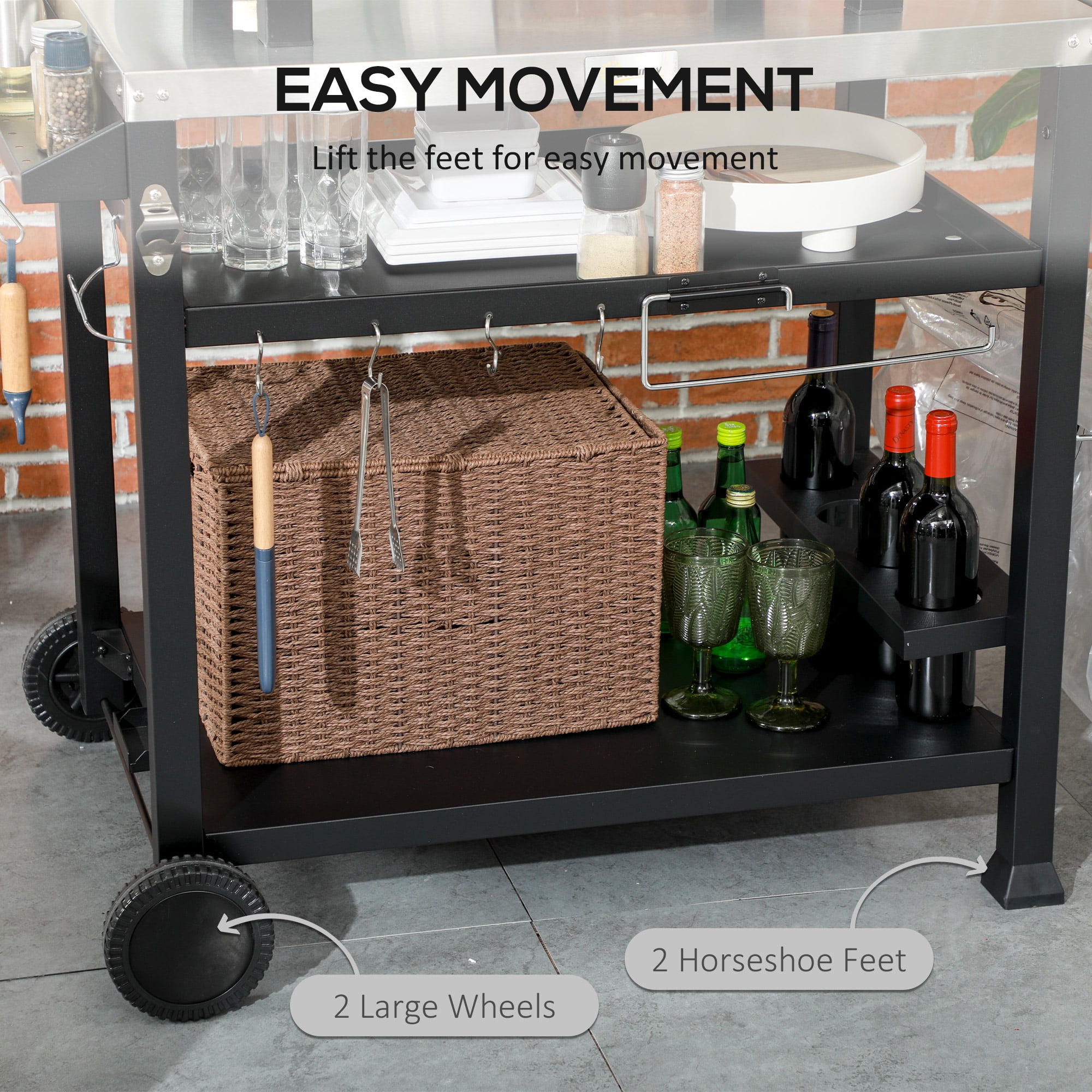 46" Outdoor Grill Cart with Foldable Side Table, 3-Shelf Stainless Steel Pizza Oven Stand, Rolling Food Prep Table with Storage Hooks & Wine Holder for Patio Garden