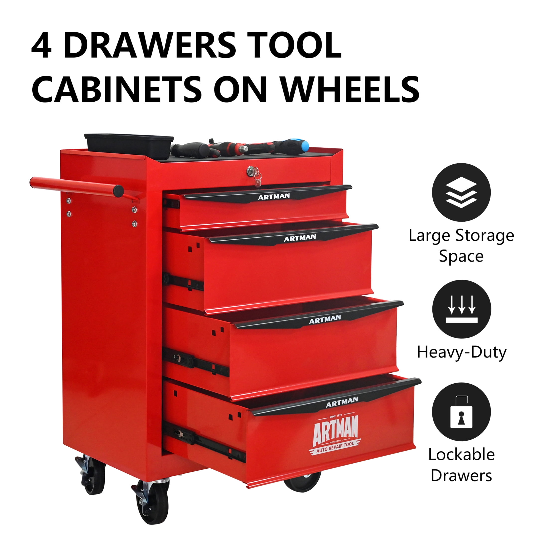 Noble House 4-Drawer Mobile Steel Tool Organizer with Key Lock, Ball Bearing Slide Storage Cabinet Box, Red