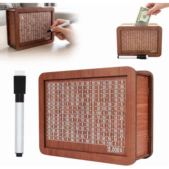 1000 Savings Challenge Box with Pen, Wooden Piggy Bank for Adults Kids, Money Saving Box for Boys and Girls, Funny Cash Vault Coin Bank, Alcancias de Dinero para Adultos, New Year's Savings Plan