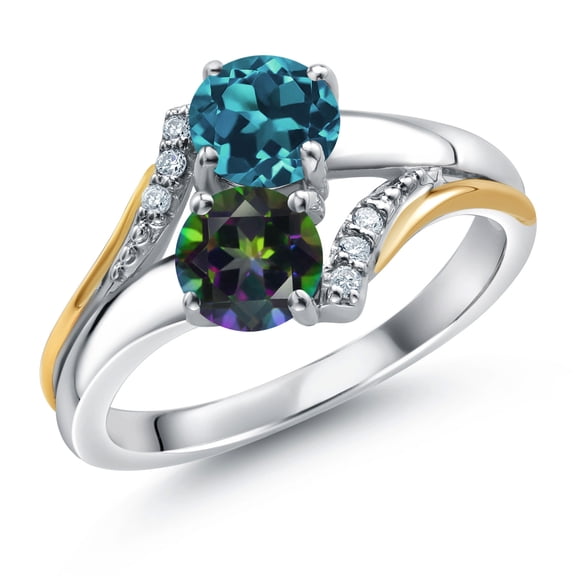 10K Yellow Gold and 925 Silver Green Mystic Topaz and London Blue Topaz and White Lab Grown Diamond Accent Engagement Ring for Women (1.28 Cttw, Gemstone November Birthstone, Round 5MM, Size 6)