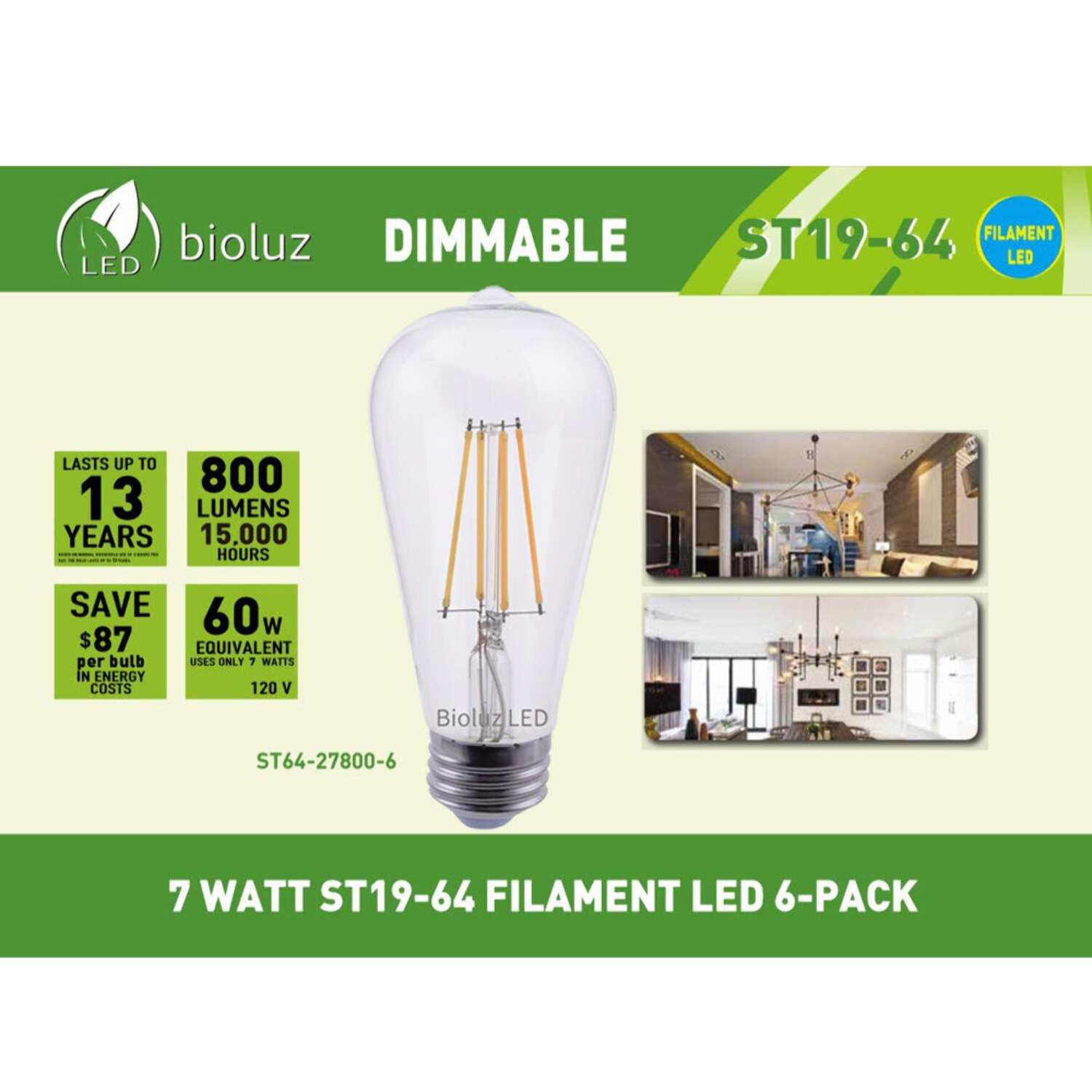 Bioluz ST64 Dimmable Edison LED Light Bulbs - 800 Lumen Soft White 3000K LED Edison Bulbs 60W LED Edison Bulb Dimmable Pack - 6-Pack 7W LED Edison Bulbs for Dimmable and Non-dimmable E26/27 Fixtures
