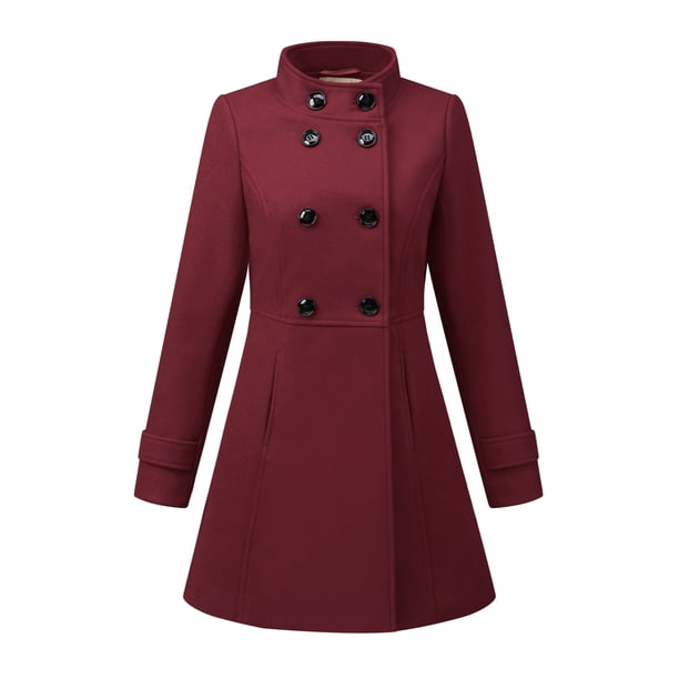 Abrigo de Invierno Allegra K Doble Botonadura Cuello Alto Mujer Borgoña S