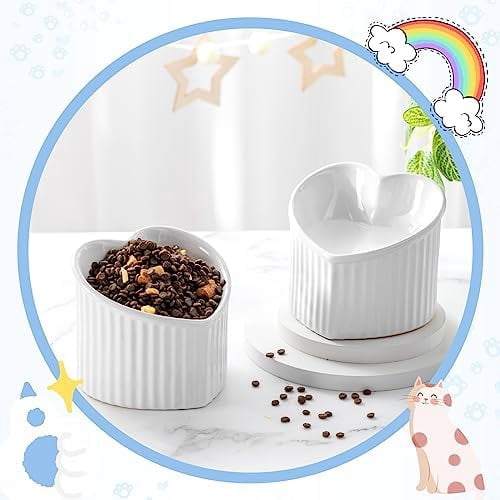 2 Pcs Ceramic Elevated Cat Bowls Tilted Elevated Raised Pet Bowls Anti Vomit Cat Dish for Indoor Stress Free Water Dish Feeder for Puppies, Heart Shaped(Pearly White)