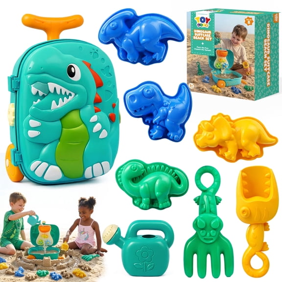 Toy Life Rolling Dinosaur Sand Toy Beach Toy Set for Kids – Water Play Luggage with Wheels, Bucket, Shovel, Rake & 4 Sand Molds, Outdoor Sand Toy Travel Case